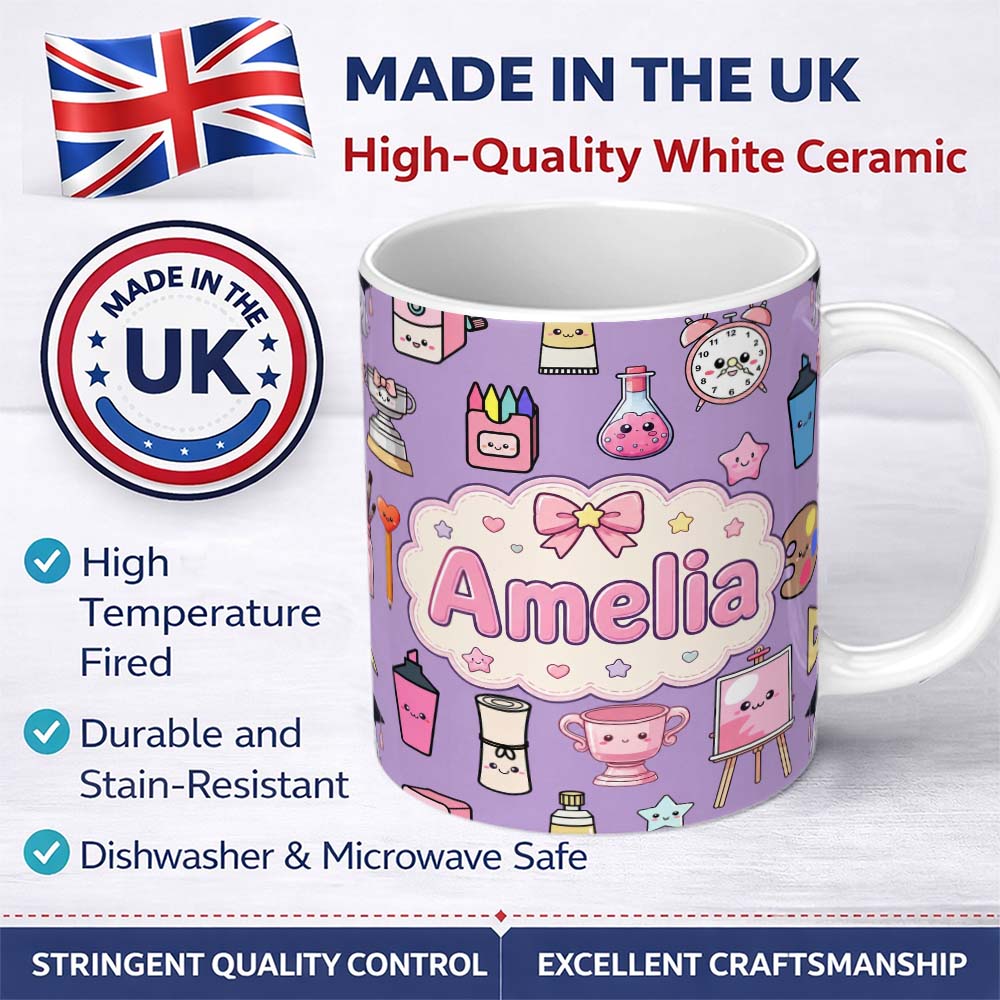 Personalized Custom Name Cute Kawaii Graduation Student Art Supplies Purple Seamless Pattern 11oz Ceramic Coffee Tea Mug White Large Handle
