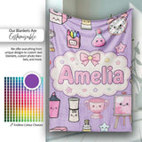Cute Kawaii Graduation Student Art Supplies Purple Seamless Pattern  Personalised Custom Name Super Soft Fleece Blanket Bed Sofa Throw