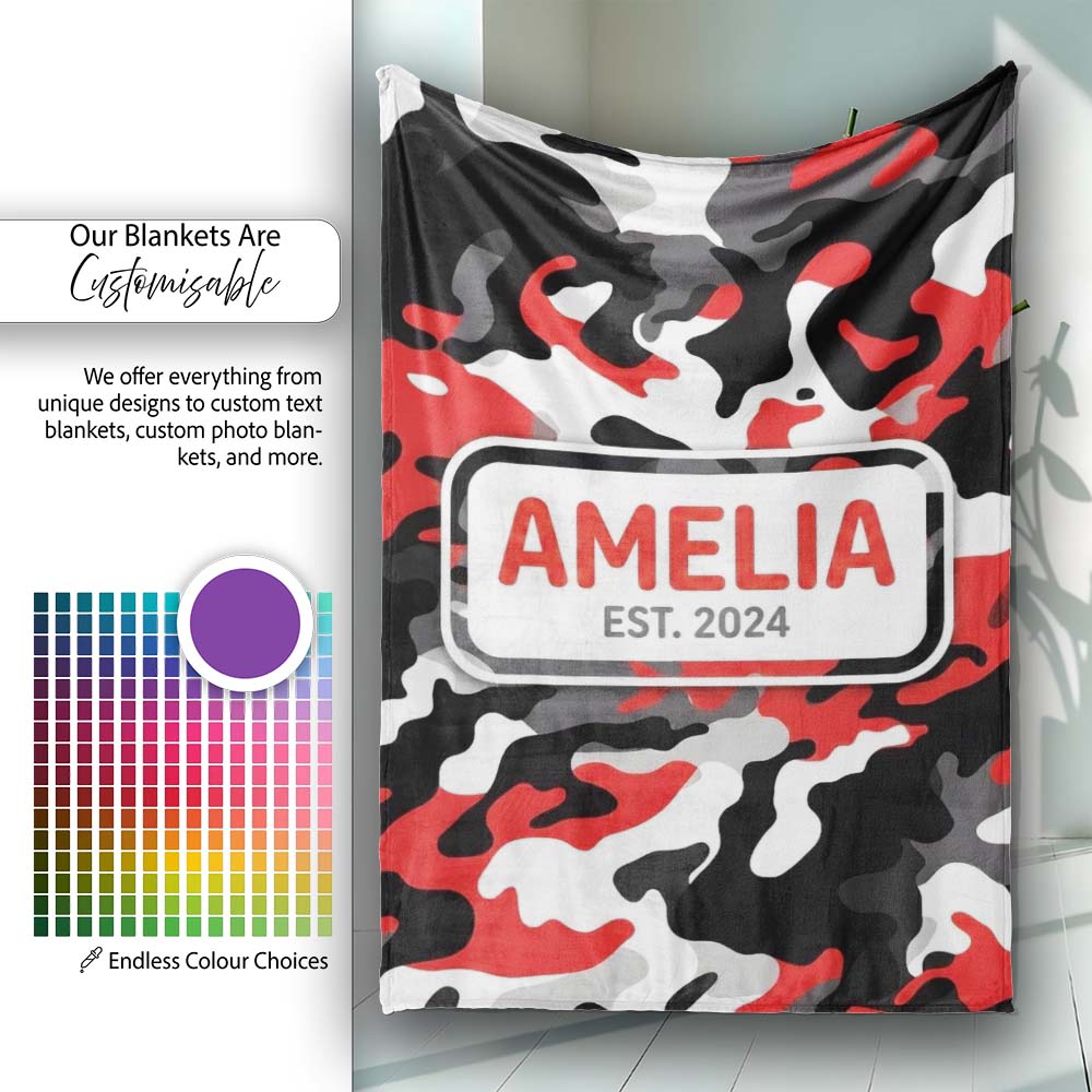 Red Black White Camouflage Bold Graphic Seamless Pattern Lovely  Personalised Custom Name Super Soft Fleece Blanket Bed Sofa Throw