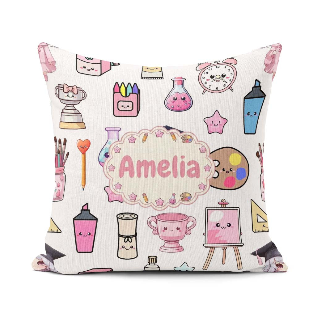 Custom Name Kawaii Graduation Student Art Supplies Grey Seamless Square Filled Cushion Throw Pillow Sofa Bed Home Decor Zip Washable UK Made
