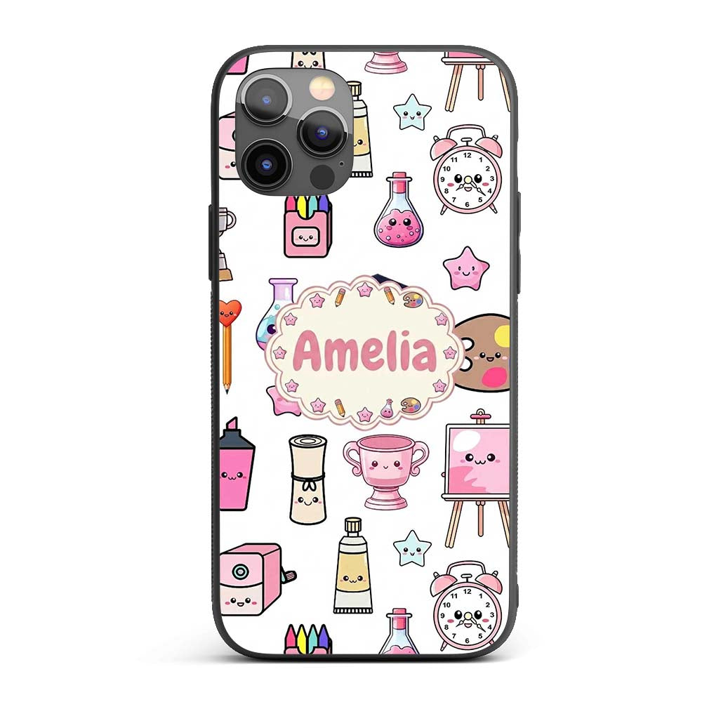 Cute Kawaii Graduation Student Art Supplies Grey Custom Name Protective Phone Case Mobile Cover Durable Everyday Smartphone Shock Resistant