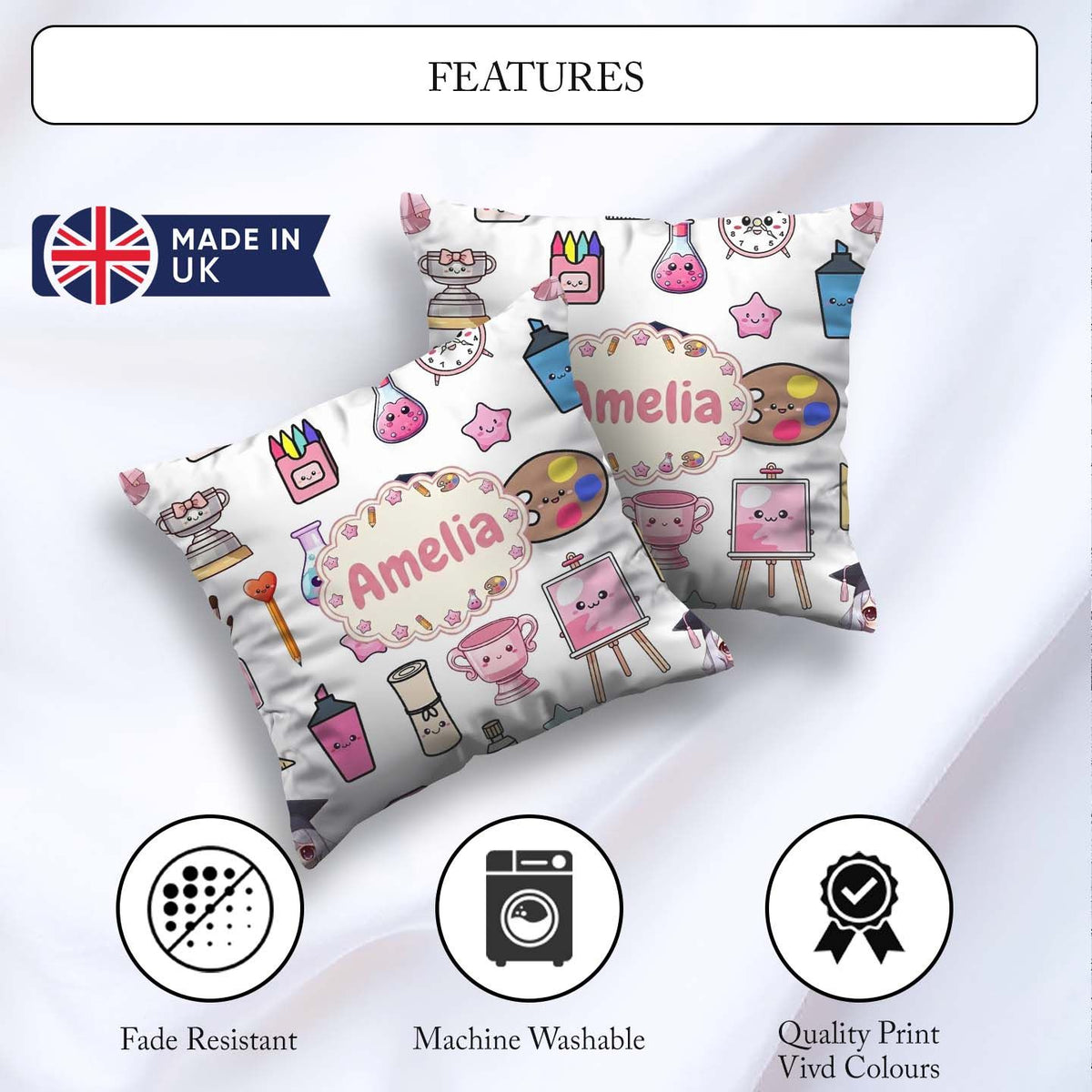 Custom Name Kawaii Graduation Student Art Supplies Grey Seamless Square Filled Cushion Throw Pillow Sofa Bed Home Decor Zip Washable UK Made