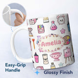 Personalized Custom Name Cute Kawaii Graduation Student Art Supplies Grey Seamless Pattern 11oz Ceramic Coffee Tea Mug White Large Handle