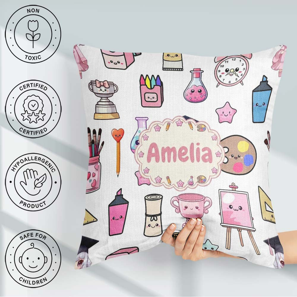Custom Name Kawaii Graduation Student Art Supplies Grey Seamless Square Filled Cushion Throw Pillow Sofa Bed Home Decor Zip Washable UK Made