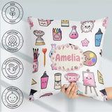 Custom Name Kawaii Graduation Student Art Supplies Grey Seamless Square Filled Cushion Throw Pillow Sofa Bed Home Decor Zip Washable UK Made