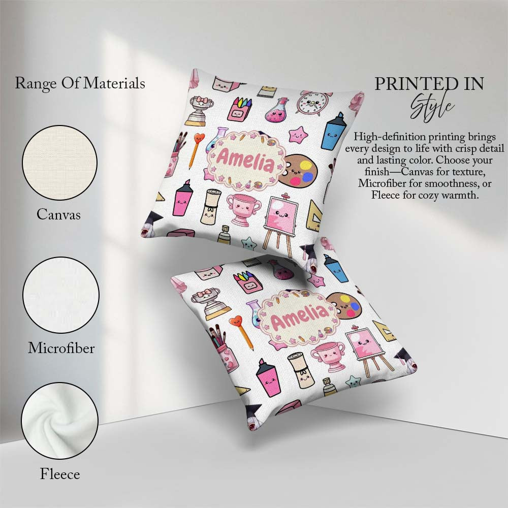 Custom Name Kawaii Graduation Student Art Supplies Grey Seamless Square Filled Cushion Throw Pillow Sofa Bed Home Decor Zip Washable UK Made