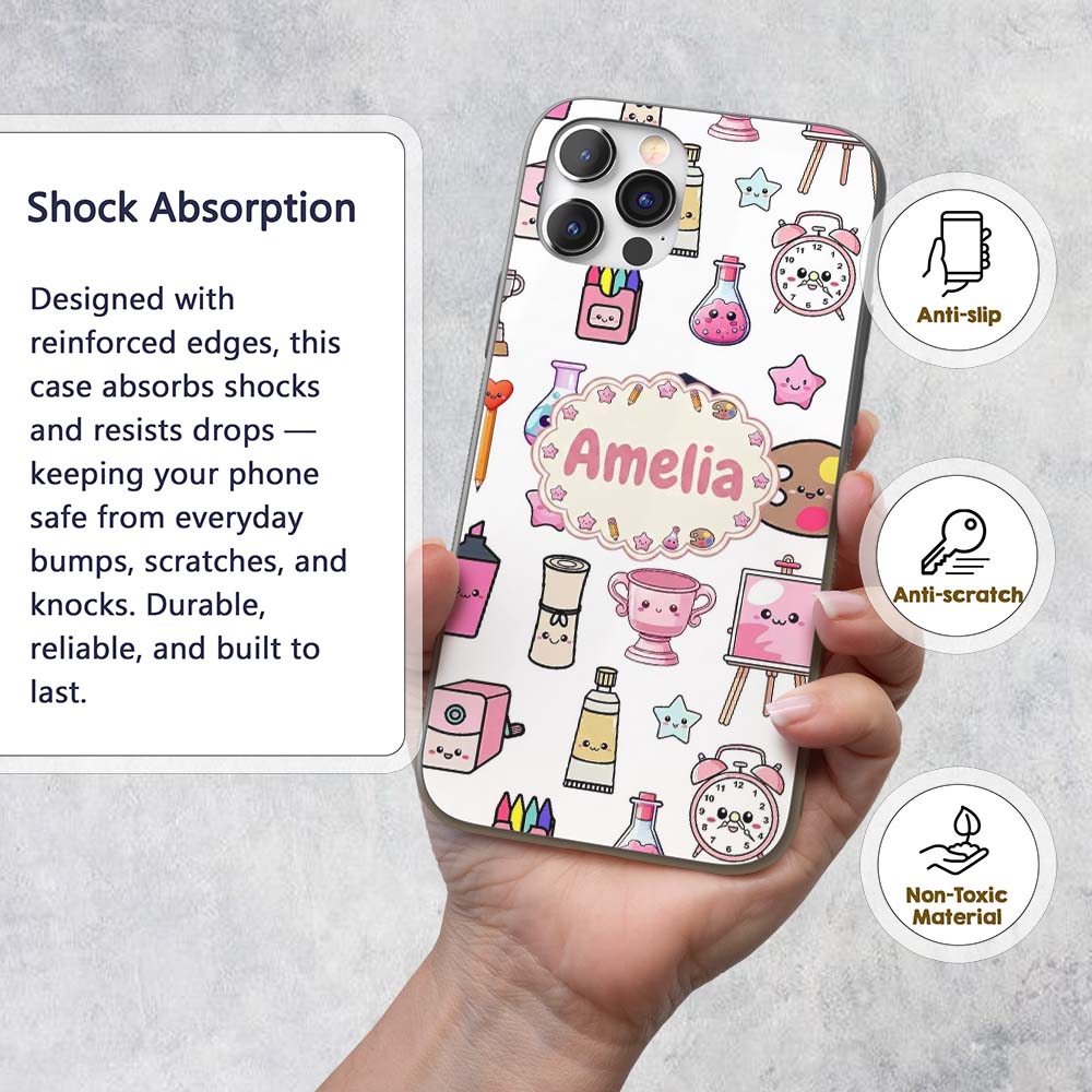 Cute Kawaii Graduation Student Art Supplies Grey Custom Name Protective Phone Case Mobile Cover Durable Everyday Smartphone Shock Resistant
