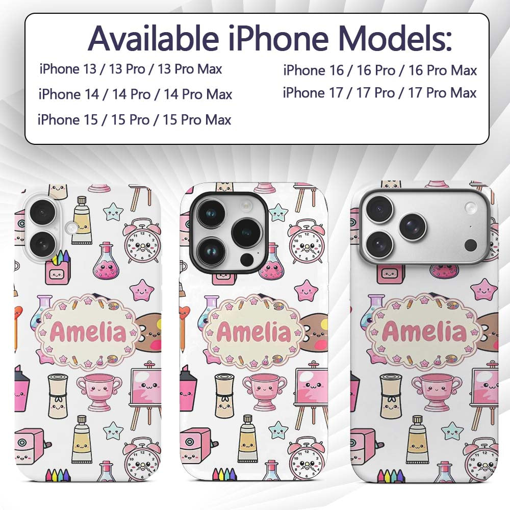 Cute Kawaii Graduation Student Art Supplies Grey Custom Name Protective Phone Case Mobile Cover Durable Everyday Smartphone Shock Resistant