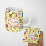 Personalized Custom Name Cute Kawaii Graduation Student Art Supplies Yellow Seamless Pattern 11oz Ceramic Coffee Tea Mug White Large Handle
