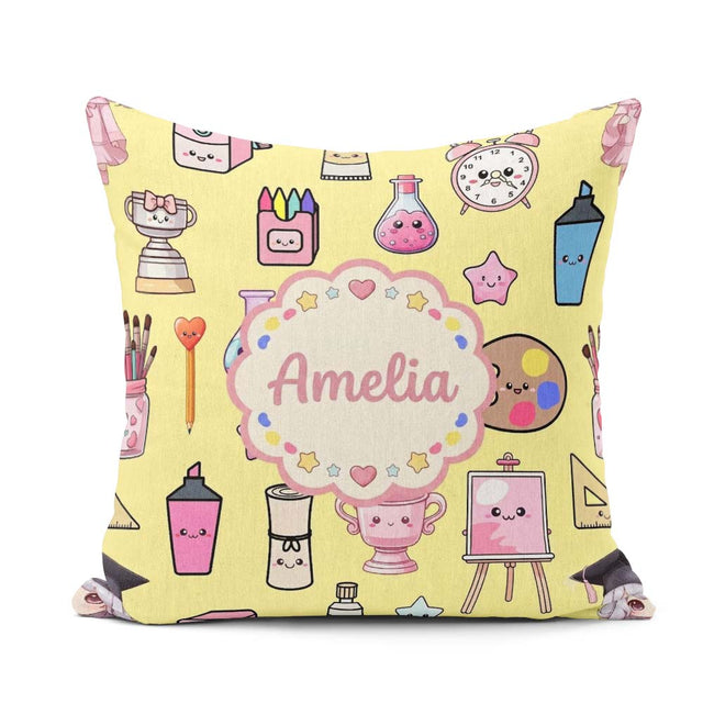 Custom Name Kawaii Student Art Supplies Yellow Seamless Pattern Square Filled Cushion Throw Pillow Sofa Bed Home Decor Zip Washable UK Made