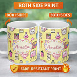 Personalized Custom Name Cute Kawaii Graduation Student Art Supplies Yellow Seamless Pattern 11oz Ceramic Coffee Tea Mug White Large Handle