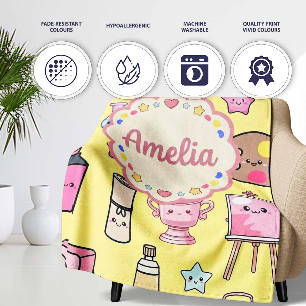 Cute Kawaii Graduation Student Art Supplies Yellow Seamless Pattern  Personalised Custom Name Super Soft Fleece Blanket Bed Sofa Throw