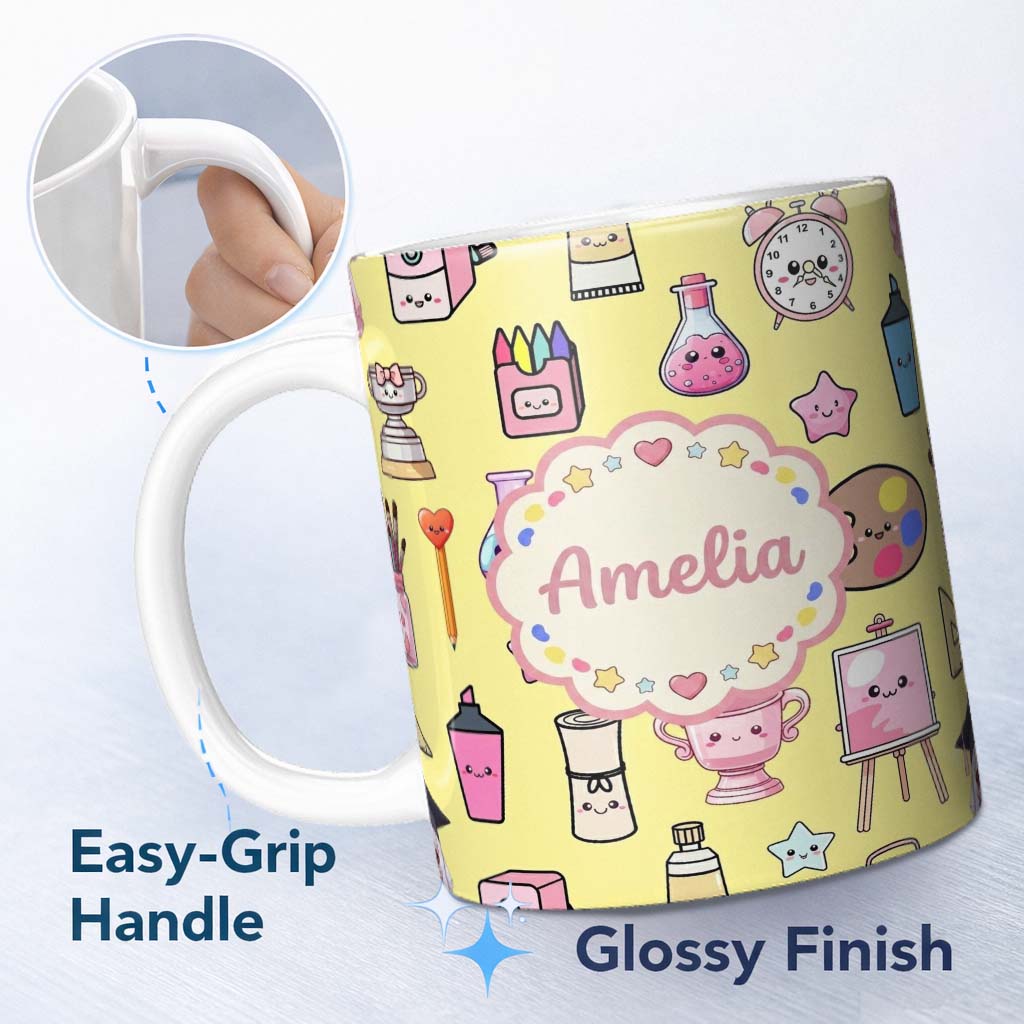Personalized Custom Name Cute Kawaii Graduation Student Art Supplies Yellow Seamless Pattern 11oz Ceramic Coffee Tea Mug White Large Handle