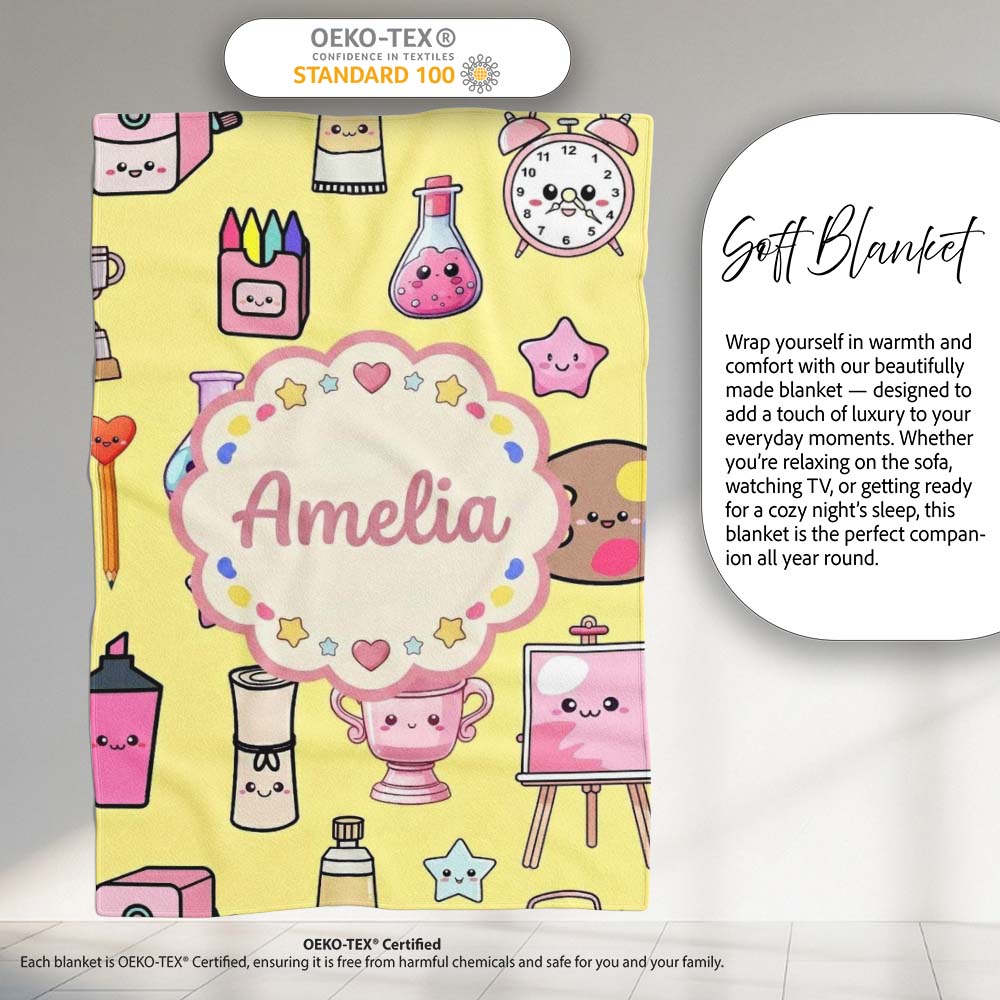 Cute Kawaii Graduation Student Art Supplies Yellow Seamless Pattern  Personalised Custom Name Super Soft Fleece Blanket Bed Sofa Throw