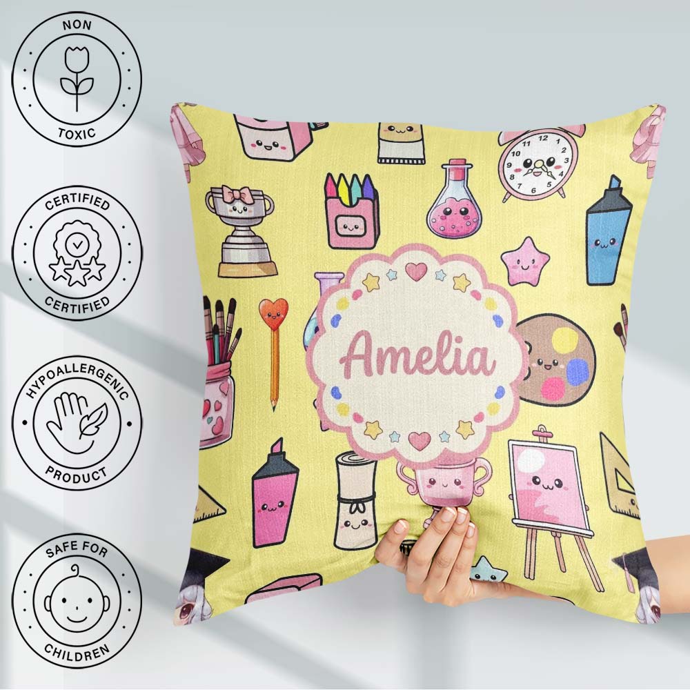 Custom Name Kawaii Student Art Supplies Yellow Seamless Pattern Square Filled Cushion Throw Pillow Sofa Bed Home Decor Zip Washable UK Made