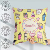 Custom Name Kawaii Student Art Supplies Yellow Seamless Pattern Square Filled Cushion Throw Pillow Sofa Bed Home Decor Zip Washable UK Made