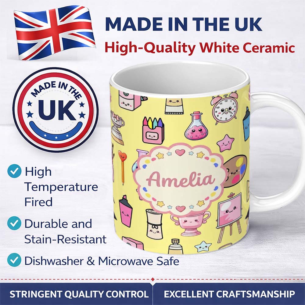 Personalized Custom Name Cute Kawaii Graduation Student Art Supplies Yellow Seamless Pattern 11oz Ceramic Coffee Tea Mug White Large Handle