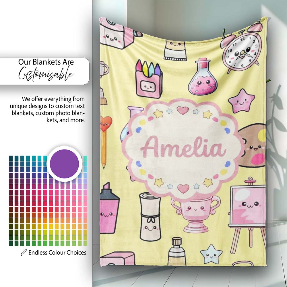 Cute Kawaii Graduation Student Art Supplies Yellow Seamless Pattern  Personalised Custom Name Super Soft Fleece Blanket Bed Sofa Throw
