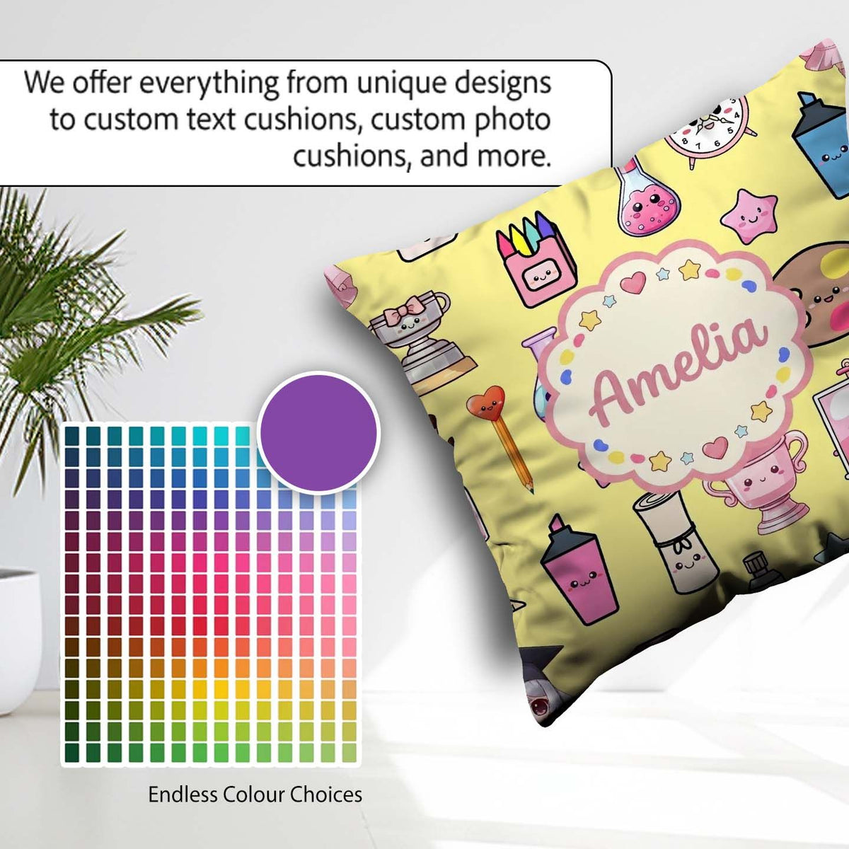 Custom Name Kawaii Student Art Supplies Yellow Seamless Pattern Square Filled Cushion Throw Pillow Sofa Bed Home Decor Zip Washable UK Made