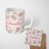 Personalized Custom Name Cute Kawaii Maths Cat Calculator Ruler Seamless Pattern Name Unique 11oz Ceramic Coffee Tea Mug White Large Handle