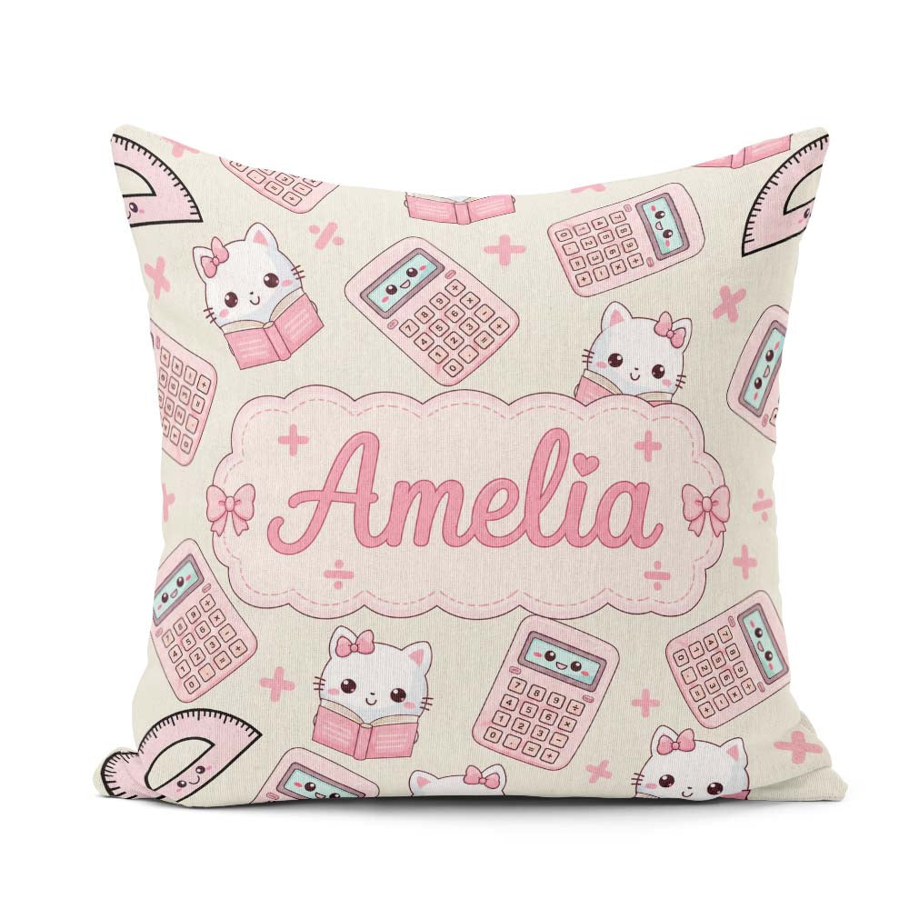 Custom Name Cute Kawaii Maths Cat Calculator Ruler Seamless Name Square Filled Cushion Throw Pillow Sofa Bed Home Decor Zip Washable UK Made