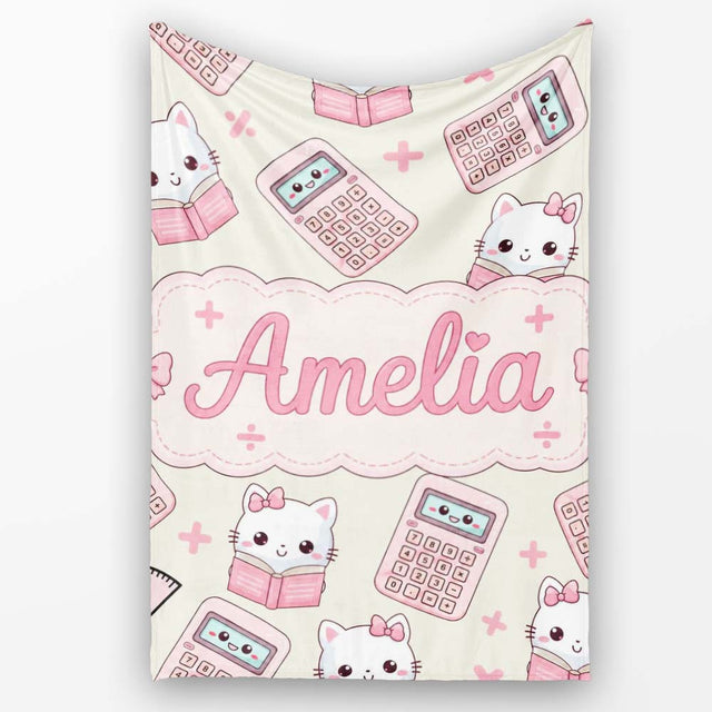 Cute Kawaii Maths Cat Calculator Ruler Seamless Pattern Name Unique  Personalised Custom Name Super Soft Fleece Blanket Bed Sofa Throw