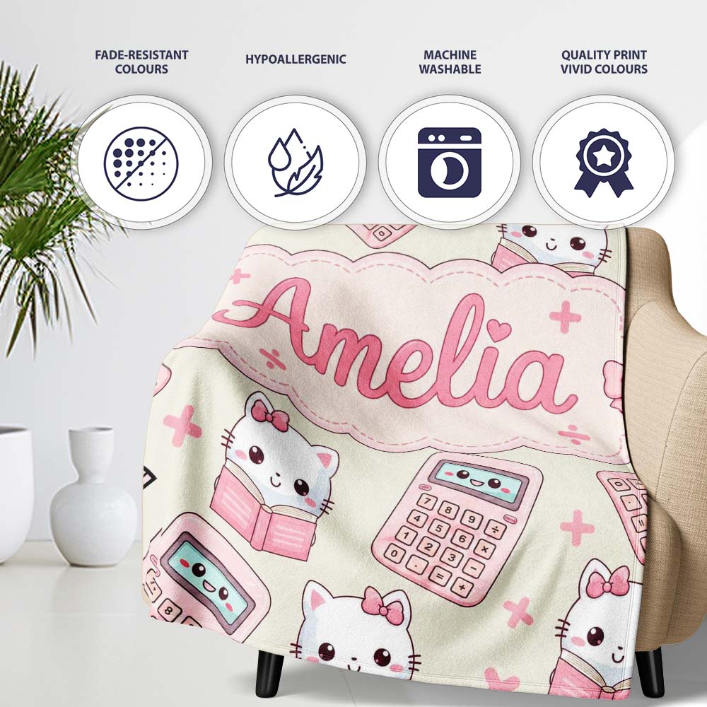 Cute Kawaii Maths Cat Calculator Ruler Seamless Pattern Name Unique  Personalised Custom Name Super Soft Fleece Blanket Bed Sofa Throw