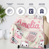 Cute Kawaii Maths Cat Calculator Ruler Seamless Pattern Name Unique  Personalised Custom Name Super Soft Fleece Blanket Bed Sofa Throw