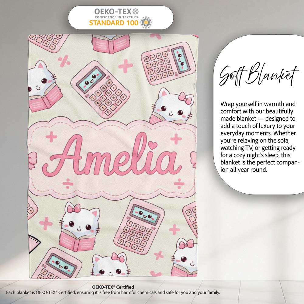 Cute Kawaii Maths Cat Calculator Ruler Seamless Pattern Name Unique  Personalised Custom Name Super Soft Fleece Blanket Bed Sofa Throw
