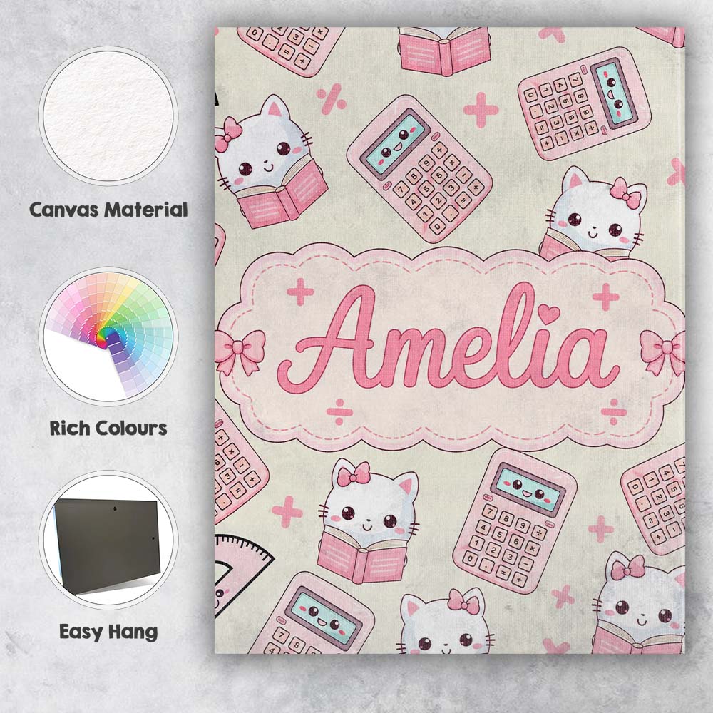 Personalised Name Cute Kawaii Maths Cat Custom  Modern Room Accent Elegant Feature Canvas Wall Art Print Decor Picture Ready to Hang