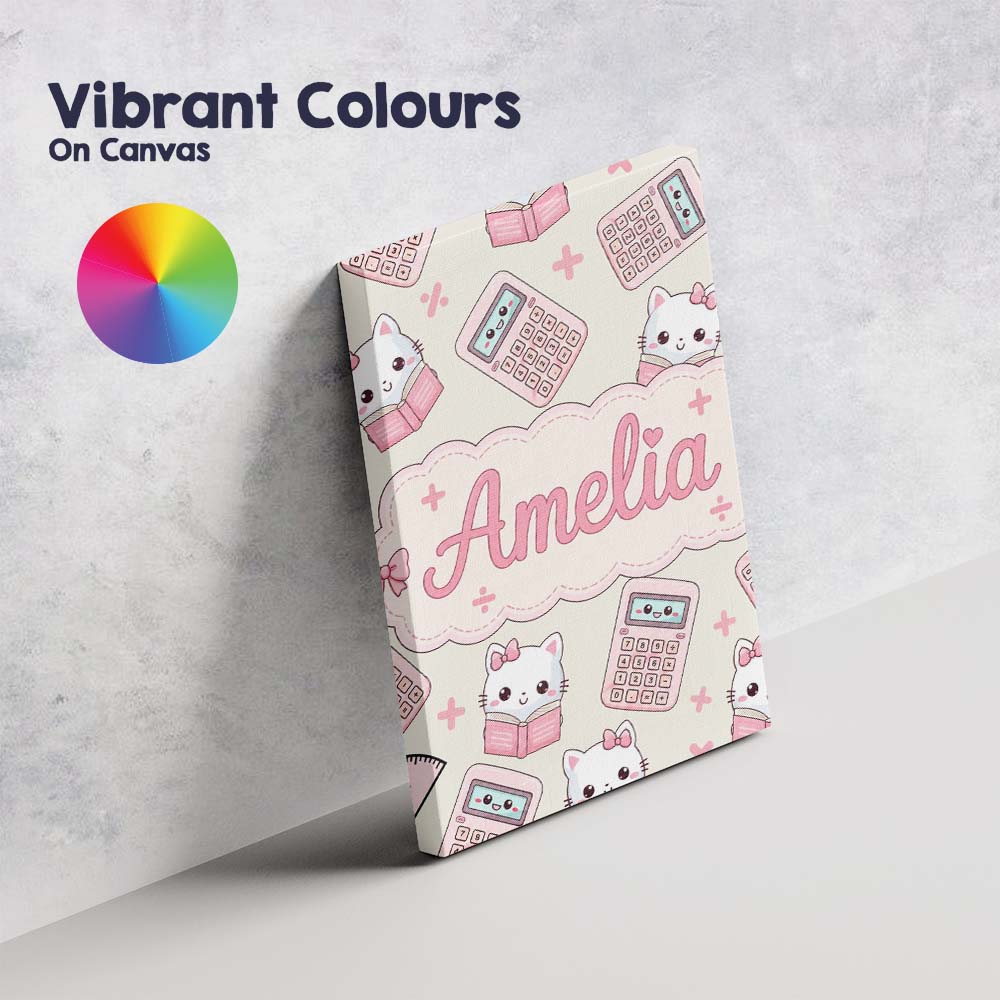 Personalised Name Cute Kawaii Maths Cat Custom  Modern Room Accent Elegant Feature Canvas Wall Art Print Decor Picture Ready to Hang