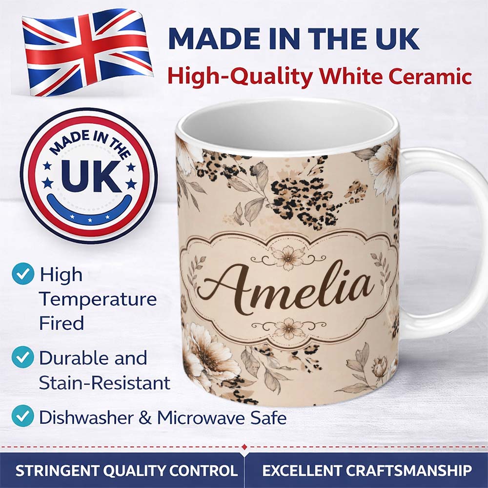 Personalized Custom Name Elegant Beige Floral with Vintage Flowers and Leopard Print Lovely 11oz Ceramic Coffee Tea Mug White Large Handle