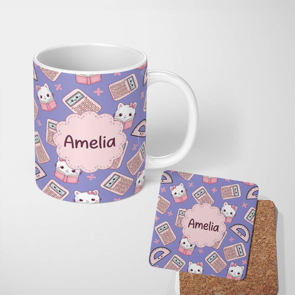 Personalized Custom Name Cute Kawaii Maths Cat Calculator Ruler Blue Seamless Pattern Name 11oz Ceramic Coffee Tea Mug White Large Handle