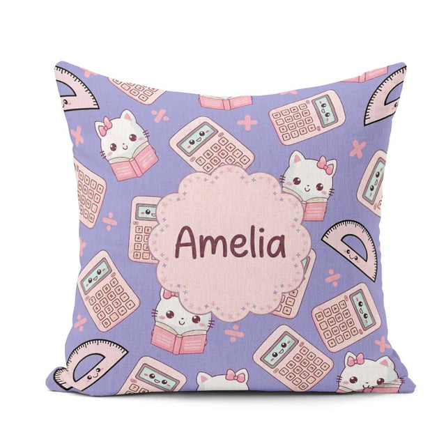 Custom Name Kawaii Maths Cat Calculator Ruler Blue Seamless Name Square Filled Cushion Throw Pillow Sofa Bed Home Decor Zip Washable UK Made