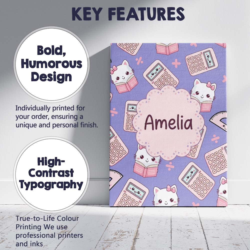 Personalised Name Cute Kawaii Maths Cat Custom  Modern Room Accent Elegant Feature Canvas Wall Art Print Decor Picture Ready to Hang