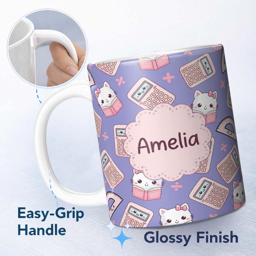 Personalized Custom Name Cute Kawaii Maths Cat Calculator Ruler Blue Seamless Pattern Name 11oz Ceramic Coffee Tea Mug White Large Handle