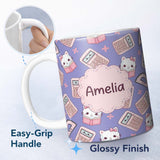 Personalized Custom Name Cute Kawaii Maths Cat Calculator Ruler Blue Seamless Pattern Name 11oz Ceramic Coffee Tea Mug White Large Handle