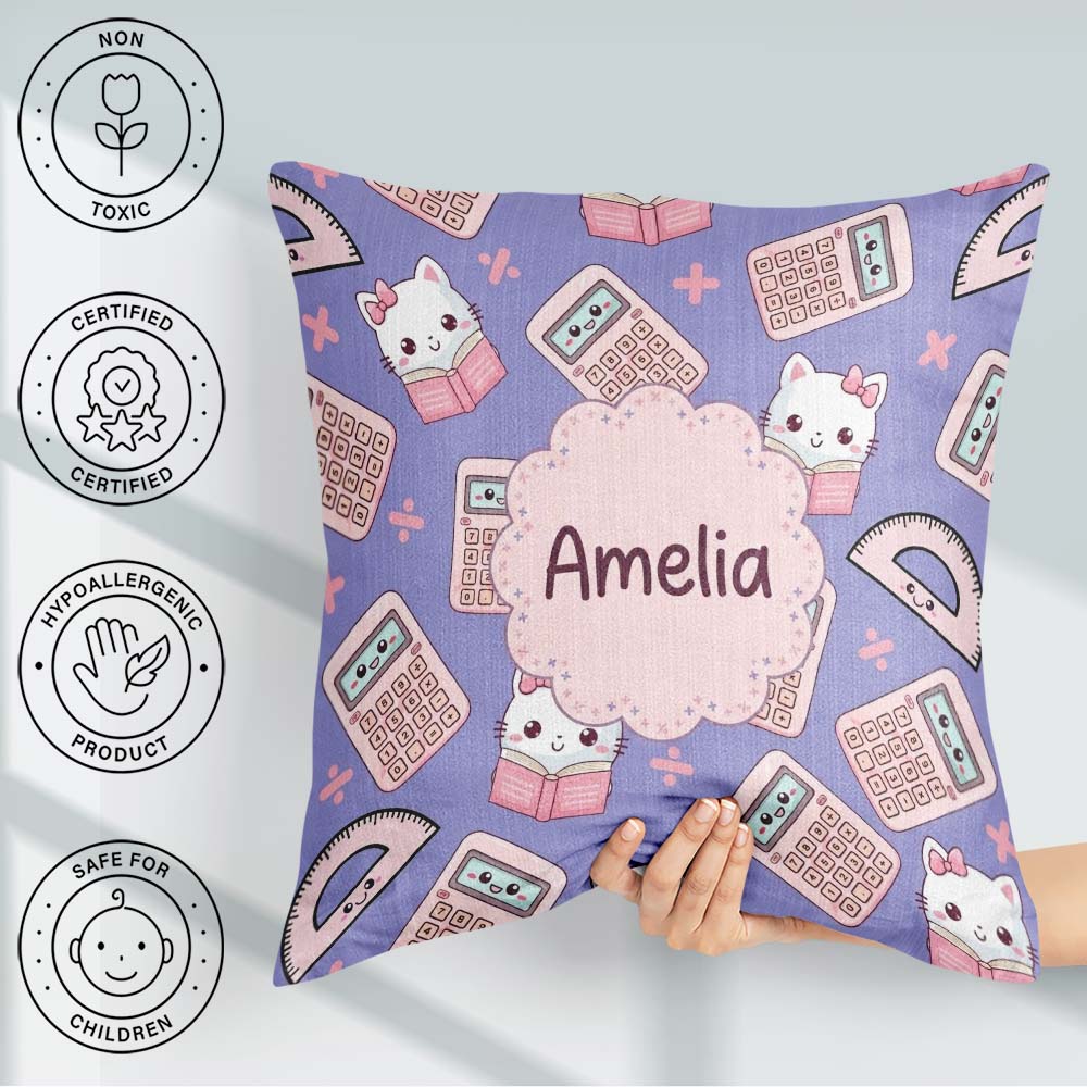 Custom Name Kawaii Maths Cat Calculator Ruler Blue Seamless Name Square Filled Cushion Throw Pillow Sofa Bed Home Decor Zip Washable UK Made