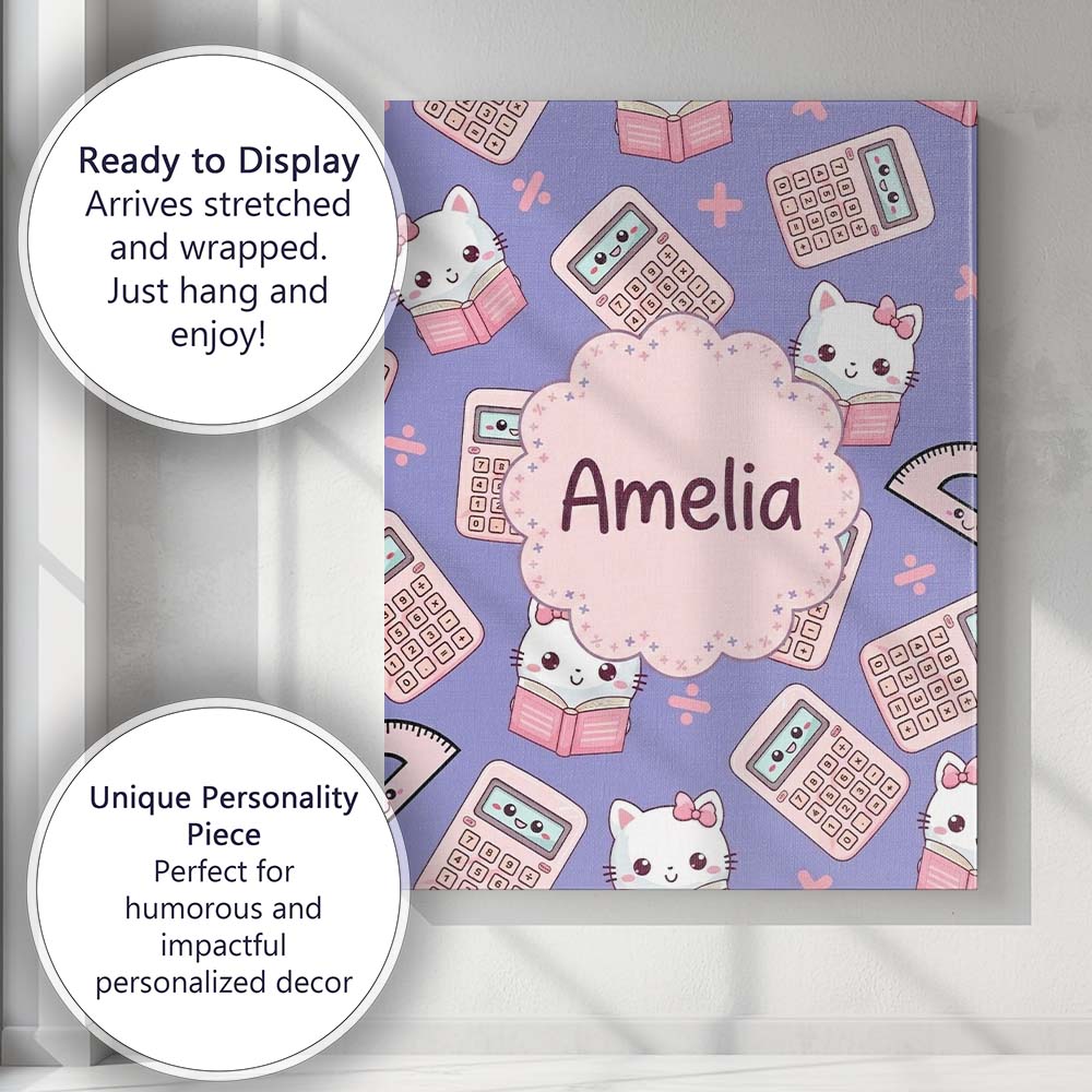 Personalised Name Cute Kawaii Maths Cat Custom  Modern Room Accent Elegant Feature Canvas Wall Art Print Decor Picture Ready to Hang