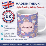 Personalized Custom Name Cute Kawaii Maths Cat Calculator Ruler Blue Seamless Pattern Name 11oz Ceramic Coffee Tea Mug White Large Handle