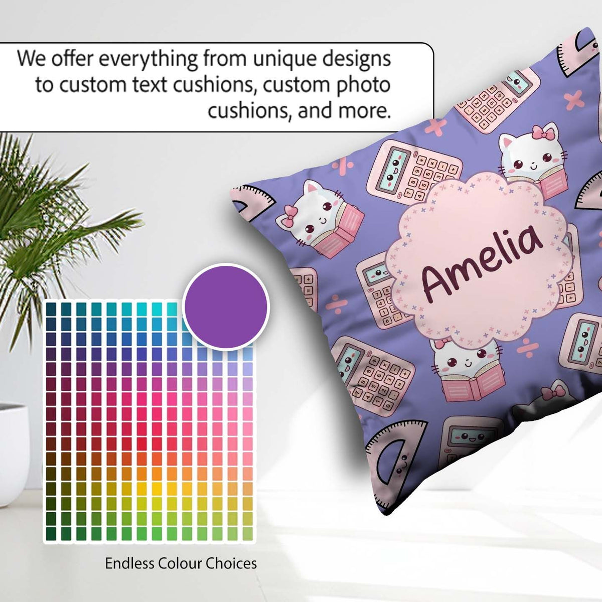 Custom Name Kawaii Maths Cat Calculator Ruler Blue Seamless Name Square Filled Cushion Throw Pillow Sofa Bed Home Decor Zip Washable UK Made