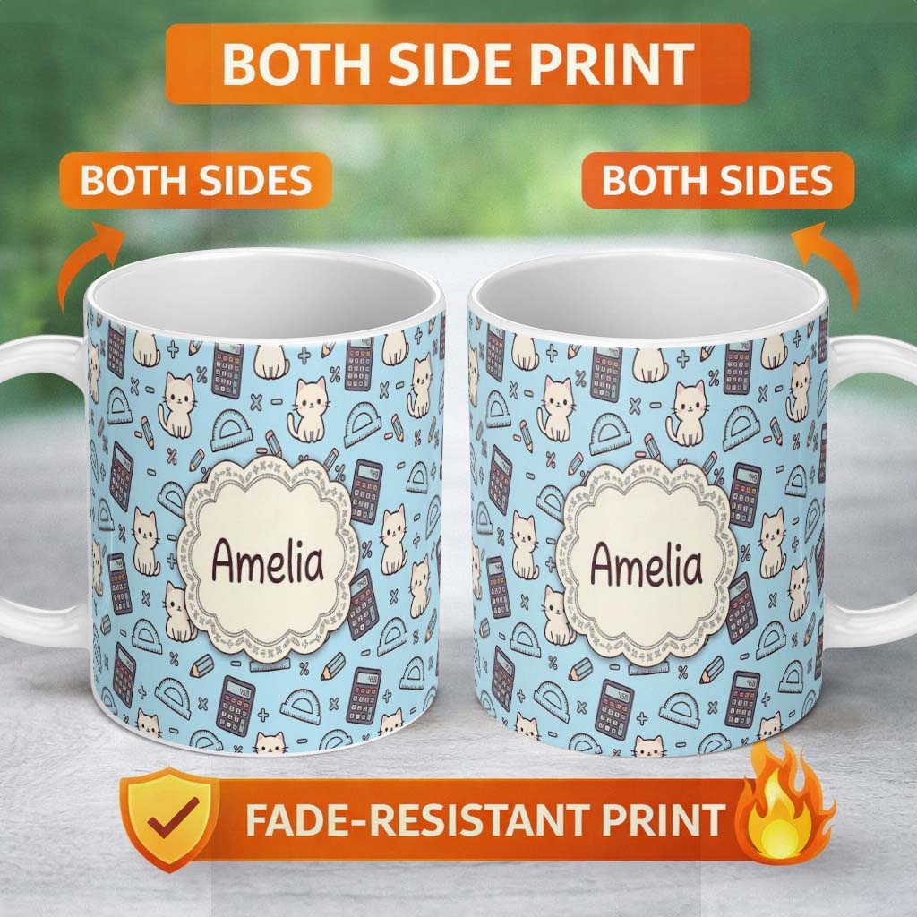 Personalized Custom Name Cute Kawaii Maths Cat Calculator Ruler Blue Seamless Pattern Name 11oz Ceramic Coffee Tea Mug White Large Handle