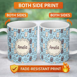 Personalized Custom Name Cute Kawaii Maths Cat Calculator Ruler Blue Seamless Pattern Name 11oz Ceramic Coffee Tea Mug White Large Handle
