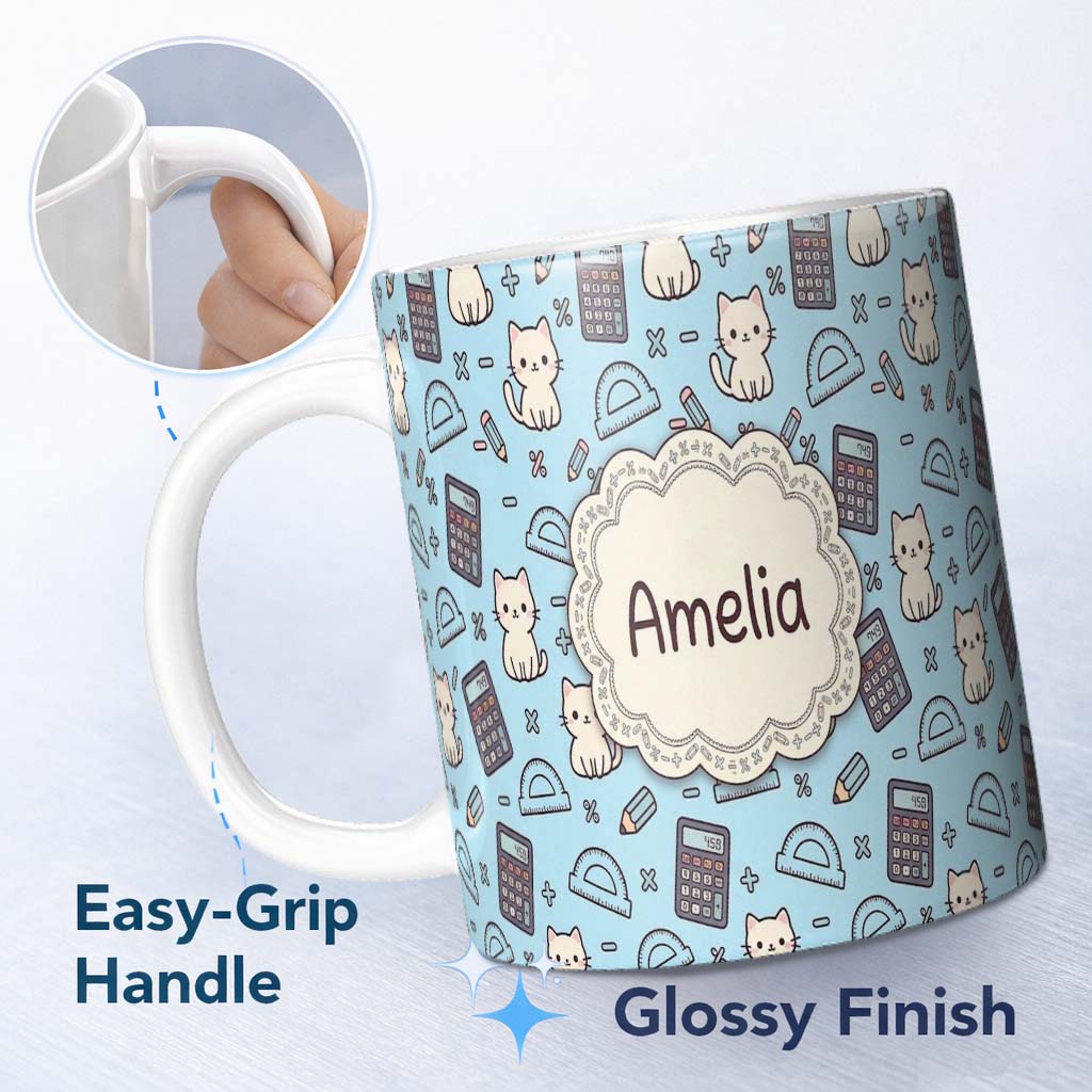 Personalized Custom Name Cute Kawaii Maths Cat Calculator Ruler Blue Seamless Pattern Name 11oz Ceramic Coffee Tea Mug White Large Handle