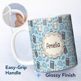 Personalized Custom Name Cute Kawaii Maths Cat Calculator Ruler Blue Seamless Pattern Name 11oz Ceramic Coffee Tea Mug White Large Handle