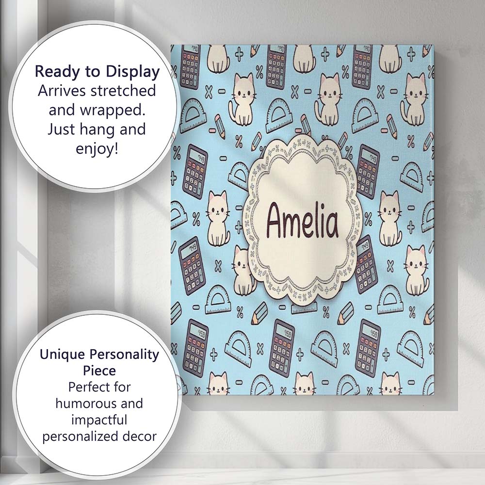 Personalised Name Cute Kawaii Maths Cat Custom  Modern Room Accent Elegant Feature Canvas Wall Art Print Decor Picture Ready to Hang