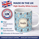 Personalized Custom Name Cute Kawaii Maths Cat Calculator Ruler Blue Seamless Pattern Name 11oz Ceramic Coffee Tea Mug White Large Handle
