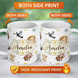 Personalized Custom Name Cute Safari Animals Lion Meerkat Toucan and Warthog with Sun and 11oz Ceramic Coffee Tea Mug White Large Handle