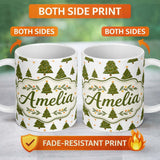 Personalized Custom Name Hand Drawn Christmas Trees with Stars Minimal Seamless Pattern 11oz Ceramic Coffee Tea Mug White Large Handle