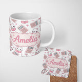 Personalized Custom Name Cute Kawaii Maths Cat Calculator Ruler Grey Seamless Pattern Name 11oz Ceramic Coffee Tea Mug White Large Handle